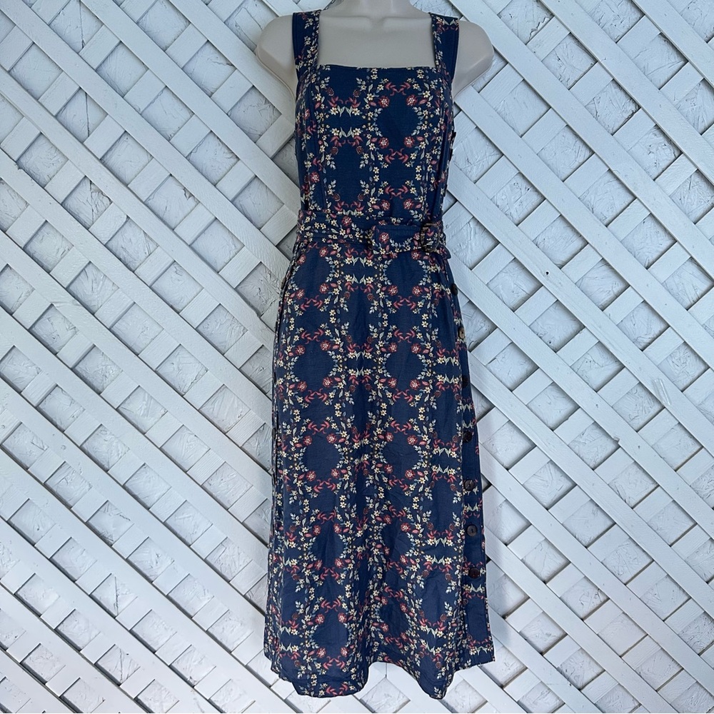 Current Air Floral Chambray Linen Blend Midi Dress Belted Side Button Detail XS